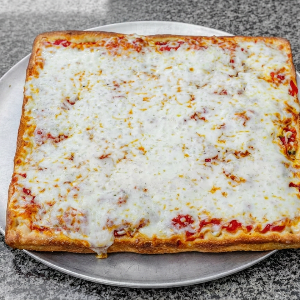 Square thick-crust cheese pizza with browned edges and tomato sauce, served on a metal plate atop a speckled countertop.