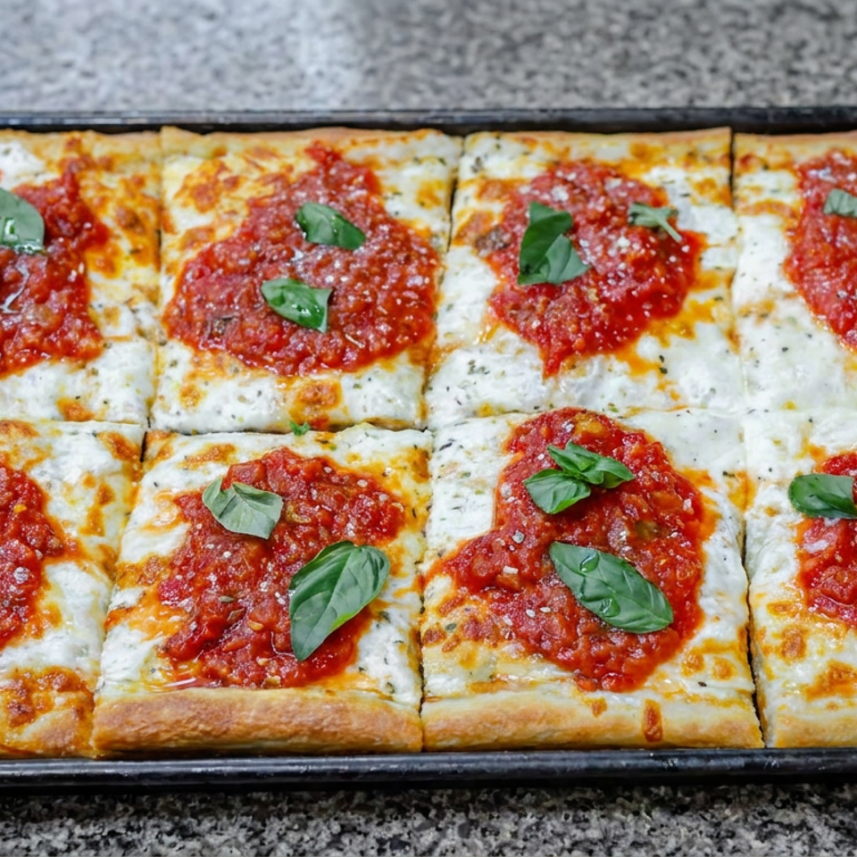 Rectangular thick-crust pizza cut into eight squares, topped with tomato sauce, melted cheese, and fresh basil on a baking tray.