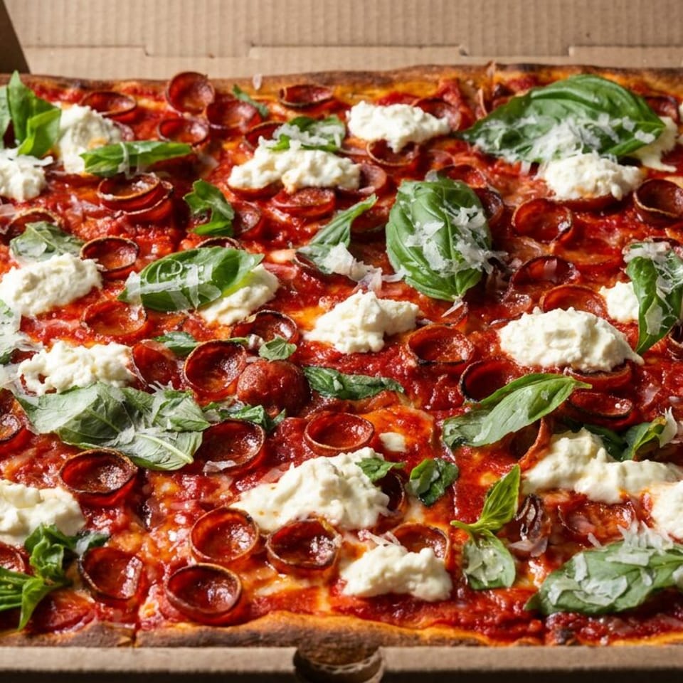 Rectangular pepperoni pizza topped with ricotta, fresh basil, and grated cheese in an open cardboard box.