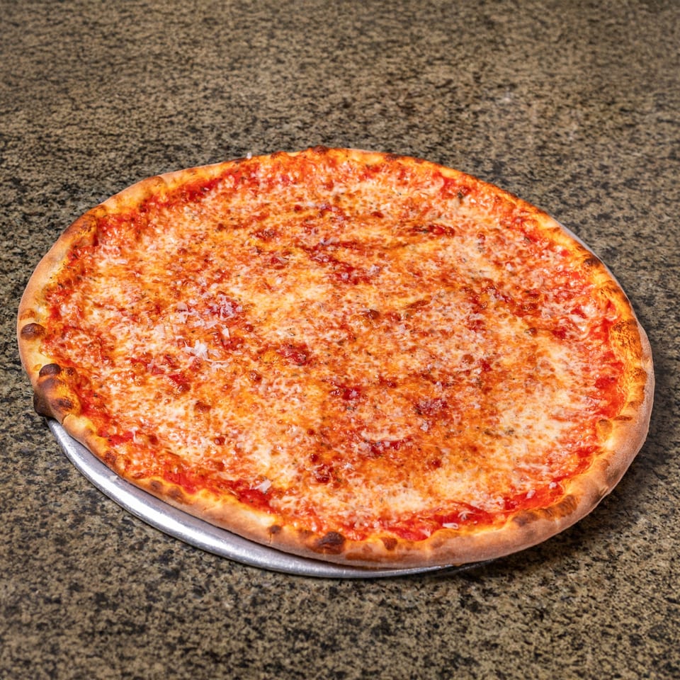 Large cheese pizza with tomato sauce and a golden-brown crust on a metal serving tray.