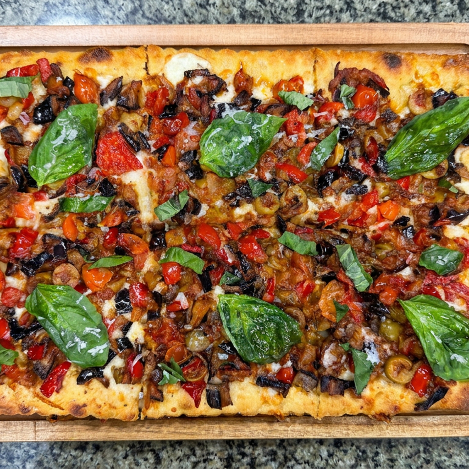 Rectangular vegetable pizza topped with mushrooms, tomatoes, olives, melted cheese, and fresh basil on a wooden board.