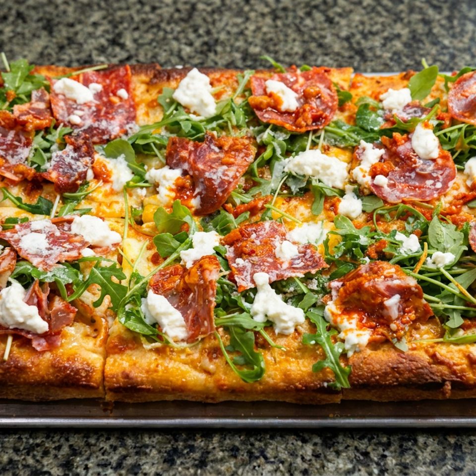 Rectangular pizza topped with arugula, cured meat, dollops of soft cheese, and roasted tomatoes on a baking tray.