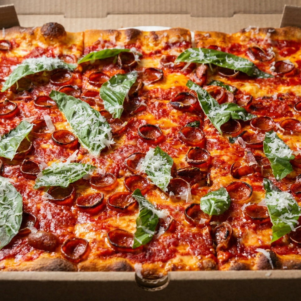 Rectangular pepperoni pizza topped with fresh basil and grated cheese in an open cardboard box.