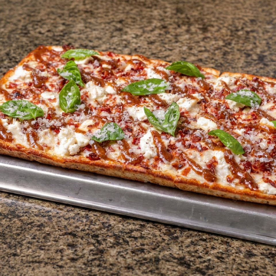 Rectangular pizza topped with melted cheese, tomato sauce, crumbled meat, and fresh basil on a metal tray.